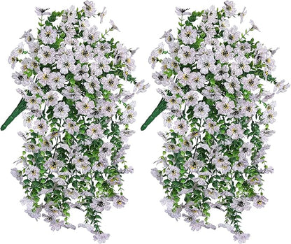 INSPRING Artificial Faux Outdoor Outside Flowers Plants, 2 PCS Fake Silk UV Resistant Look Real White Daisy Trailing Vines for Front Door Porch Planter Urn Patio Balcony Decoration