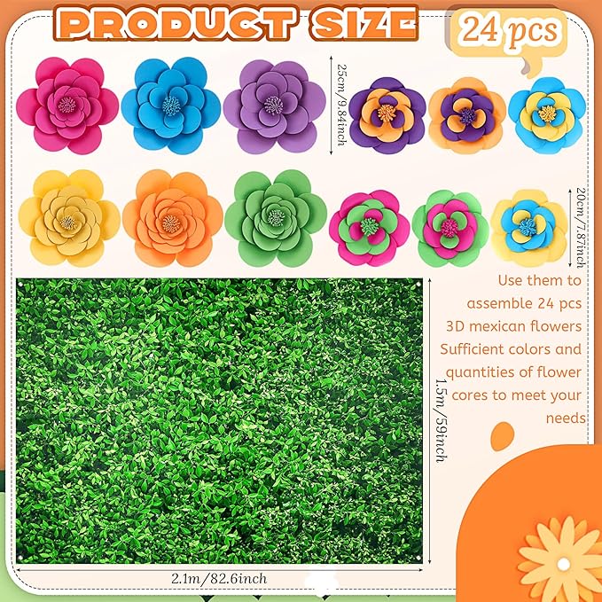 Frienda 36 Pcs DIY Paper Flower Decor Set with 83x59 Inch Custom Background Cloth and Rope, Artificial 3D Flower Wall Decor for Wall Bulletin Board Wedding Halloween Mexican Festive Party(Grass)