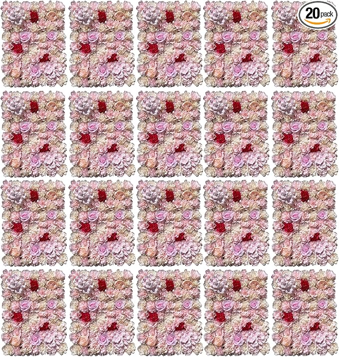 16"x 24" Artificial Flower Wall Panels,Flower Wall Mat Silk Flower Panels for Outdoor Garden Backyard Fence Fence Privacy Screen and Indoor Wall Decor(20Pcs Light Pink+Light Yellow+Red)