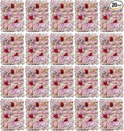 16"x 24" Artificial Flower Wall Panels,Flower Wall Mat Silk Flower Panels for Outdoor Garden Backyard Fence Fence Privacy Screen and Indoor Wall Decor(20Pcs Light Pink+Light Yellow+Red)