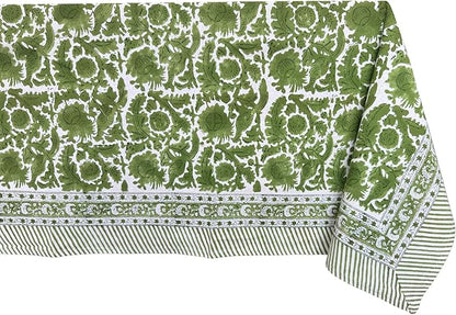 ATOSII Paradise Green 100% Cotton Rectangle Summer Tablecloth, Handblock Floral Print Linen Table Cloth for Kitchen Dining I Parties, Weddings, Outdoors, 60 X 108 Inches I 8 Seater