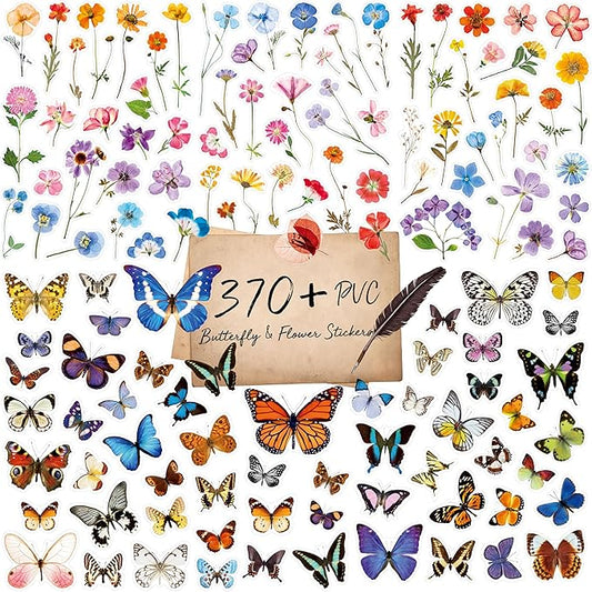 370+ PCS PVC Flower & Butterfly Stickers, Self-Adhesive Nature Floral Stickers for Scrapbook, Laptop, Journal, DIY Project, Spring Themed Party Decors