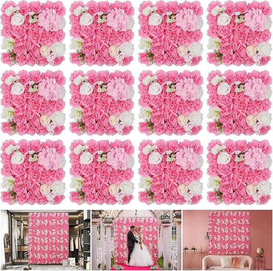 Artificial Flower Wall Panels - 12-Piece Set of 15x15 Inch Silk Roses Floral Backdrop Ideal for Wedding Celebrations, Festive Party Background and Elegant Home Decor -Pink