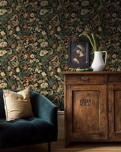 Erfoni 17.3" x 394" Bird Floral Peel and Stick Wallpaper Vintage Contact Paper for Livingroom Floral and Leaf Self Adhesive Wall Paper Retro DIY Removable Decorative Wallpaper Vinyl Roll Dark