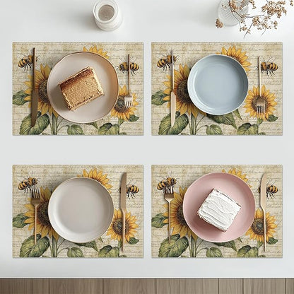 Vintage Sunflower Bee Placemats Set of 4 Washable Table Mats Rustic Spring Summer Floral Heat-Resistant Cotton Linen Place Mats for Dining Table Kitchen Indoor Outdoor Party Holiday Decor