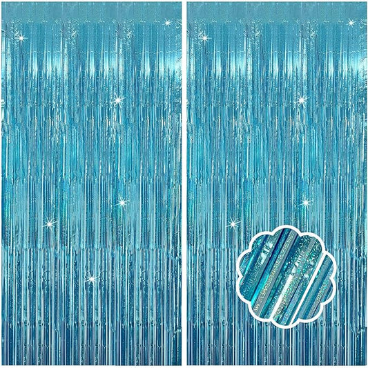 2 Pack Blue Streamers Blue Party Decorations Tinsel Foil Fringe Curtains Photo Backdrop Celebration Birthday Decorations Ocean Party Decoration