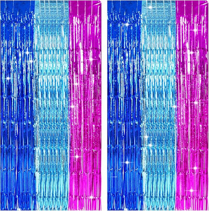 TONIFUL Blue Pink Door Streamers,Blue and Pink Photo Booth Backdrop Metallic Streamers Foil Fringe Curtain for Birthday,New Year,Graduation,Grad,Baby Shower Party Streamers Decoration