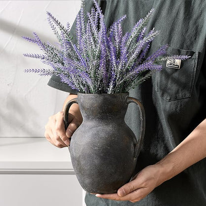 Antique Ceramic Rustic Vase with 2 Handles, Farmhouse Round Flower Vase, Vintage Terracotta Vases for Home Decor, Wedding, Living Room, Table, Shelf Decor - 8.6 Inch Tall, Black Bronze