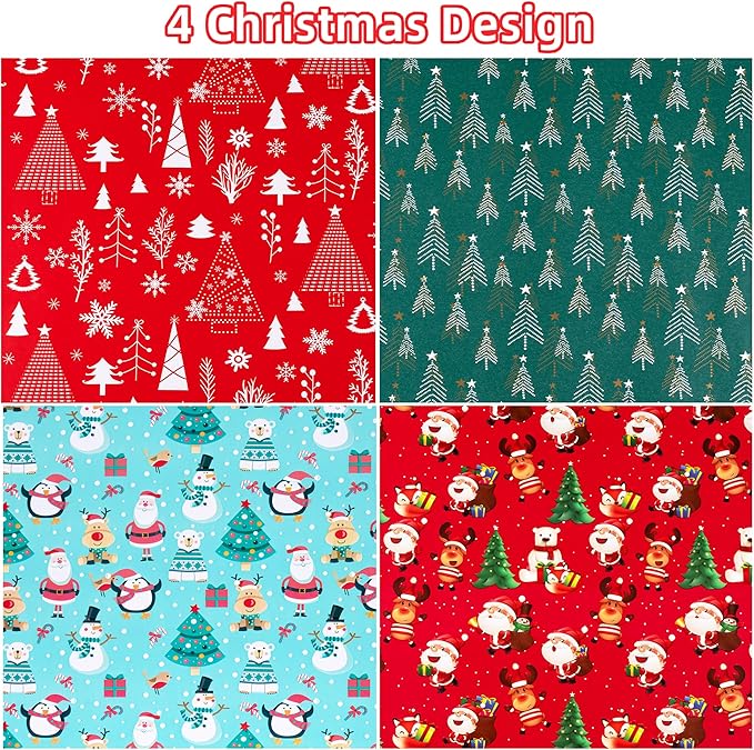 Christmas Wrapping Paper (4 Rolls, 93 sq. ft. ttl): Funny Snowmen, Snowflakes, Reindeer, Bear, Christmas Trees and Santa Claus with Gifts Design for Holiday Gift Wrap- 17 Inches x 16.5 Feet Per Roll