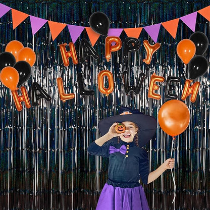 Foil Fringe Curtains Halloween Decor Indoor Party Decorations - Melsan 3 Pack 3.2 x 8.2 ft Black Tinsel Curtain Photo Backdrop for Birthday Decorations Retirement Party Decorations Black