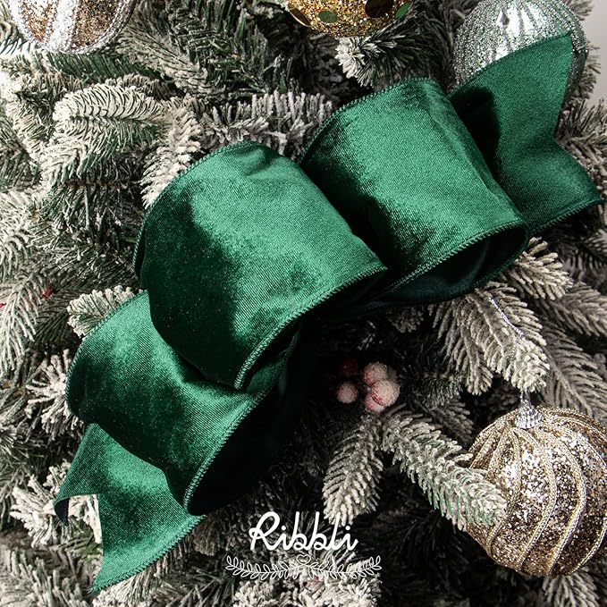 Ribbli Forest Green Velvet Wired Ribbon 4 Inch Velvet with Satin Christmas Ribbon for Gift Wrapping Christmas Tree Decoration Crafts Wreaths Supplies-Continuous 10 Yards