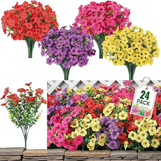24 Bundles Artificial Flowers for Outdoor Indoor Garden Home Decoration, Look Real for Front Door Porch Patio Yard Balcony, Faux Flower Daisy with Eucalyptus Leaves Fake Plants, 4 Colors