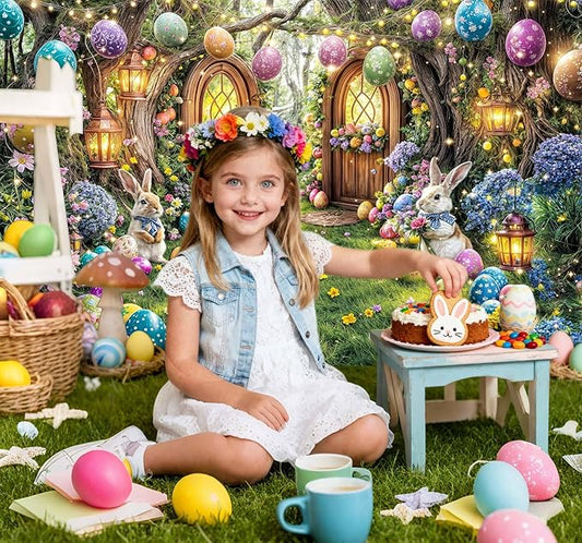 20X10ft Enchanted Forest Easter Backdrop Fairy Tale Rabbit Magic Garden Easter Egg Wonderland Floral Photography Background for Kids Girls Party Decoration Cake Table Photo Booth Props