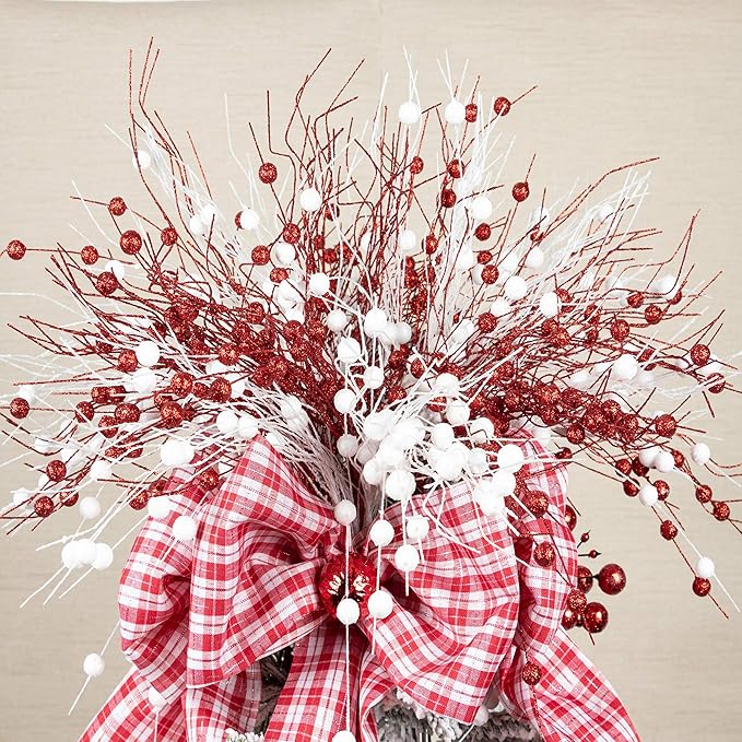 KI Store Red Christmas Tree Picks Sprays Set of 20 Glittered Twigs Decor for Christmas Tree Decoration Topper Floral Arrangement