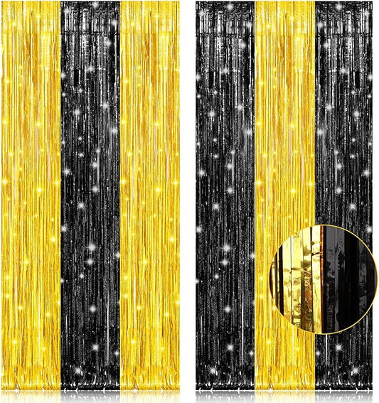 2 Pack 3.2x8.2 Feet Black and Gold Tinsel Backdrop Party Decorations, Foil Fringe Curtains Backdrop for Birthday Graduation Wedding Engagement Bridal