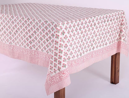 ATOSII Gulbahar White Pink 100% Cotton Fall Rectangle Tablecloth, Hand Block Print Washable Table Cover, Christmas Parties Buffet Dining, Weddings, Thanksgiving, Halloween, 60 X 90 Inches, 6 Seater