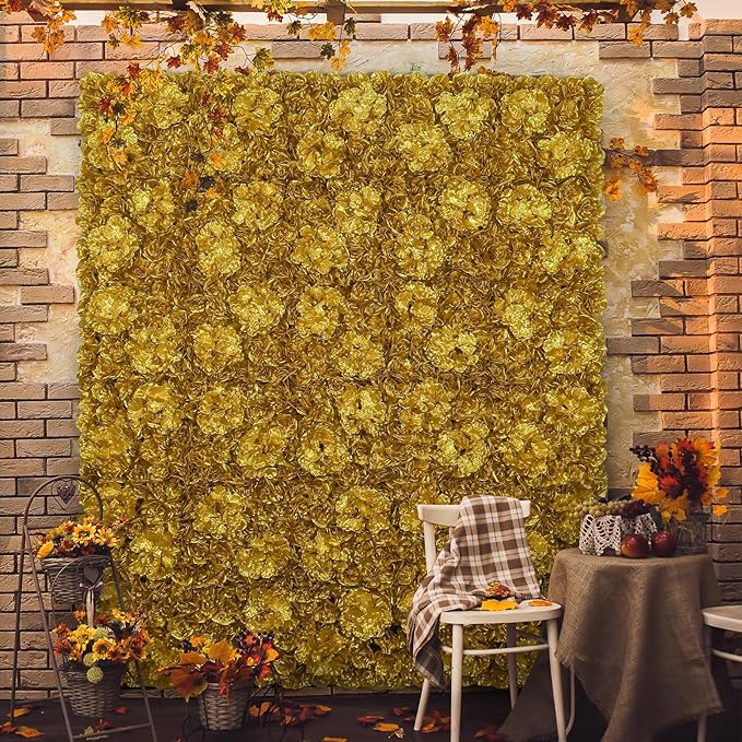 Autumn Collection Artificial Fall Flower Wall Panels - 12-Piece Set of 15x15inch Gold Silk Roses Flowers Wall Backdrops for Fall Weddings Thanksgiving Background and Seasonal Home Elegance