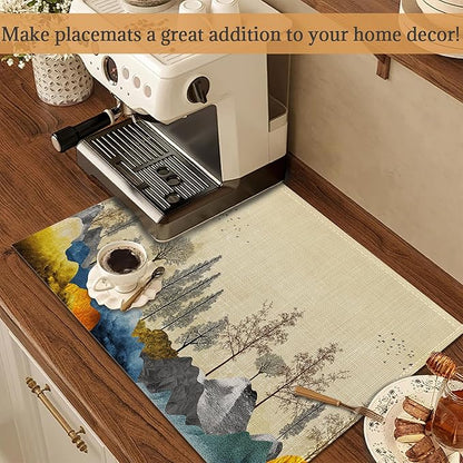 Trees with Mountains Placemats Set of 6 Washable Table Mats for Kitchen Dining Table,Heat-Resistant Place Mats for Indoor Outdoor Party Holiday Decoration（Landscape）