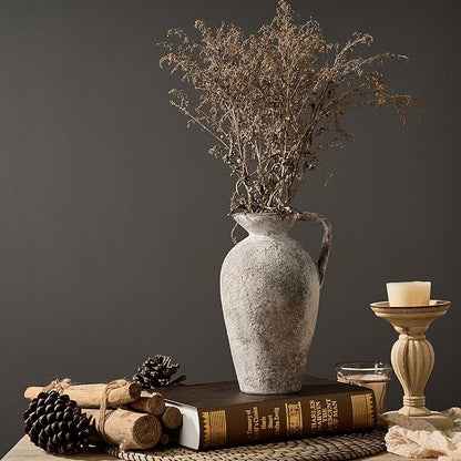 9.3 Inch Antique Ceramic Vase, Terracotta Vase with Handle, Tuscan Decor Farmhouse Decorative Vase, Rustic Vase for Home Decor, Living Room, Entryway, Wedding - Distressed Design, Gray