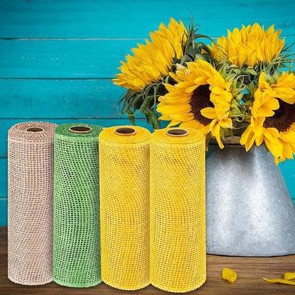Chuangdi 4 Rolls Spring Summer Poly Burlap Mesh Poly Burlap Deco Ribbon Mesh Roll for Easter DIY Flower Wreath Garland, 10 Inch