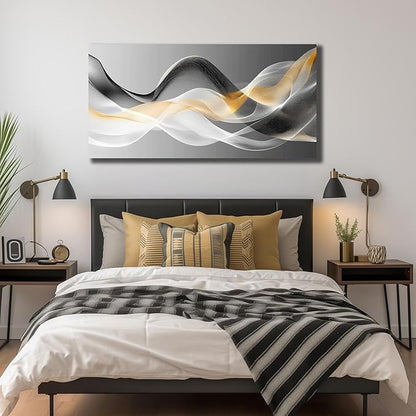 JuhaiArt Abstract Wall Art White Wall Decor for Living Room Office Large Black Canvas Art Picture Gold Artwork 29" x 59" Modern Prints