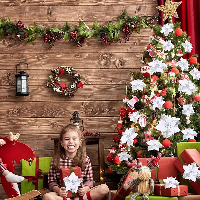 WILLBOND 36 Pieces White Christmas Poinsettia Glitter Faux Flowers Artificial Flowers Tree Ornaments Topper Xmas Decorations