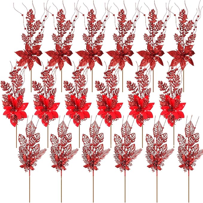 18 Pack 3 Styles 17 Inch Christmas Glitter Poinsettia Berry Stems Ornaments Artificial Floral Branches Picks for Christmas Tree Home Vase Holiday Party Decor(Red)
