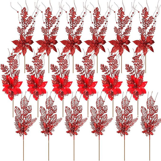 18 Pack 3 Styles 17 Inch Christmas Glitter Poinsettia Berry Stems Ornaments Artificial Floral Branches Picks for Christmas Tree Home Vase Holiday Party Decor(Red)