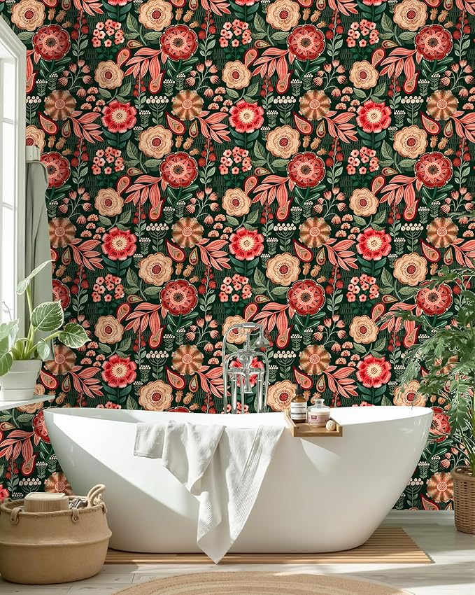 HAOKHOME Peel and Stick Wallpaper Boho Vintage Dark Floral Wall Paper Cottagecore for Bedroom Bathroom Accent Wall Green/Red/Cream 17.3in x 9.8ft