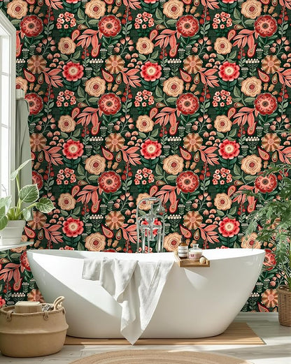 HAOKHOME Peel and Stick Wallpaper Boho Vintage Dark Floral Wall Paper Cottagecore for Bedroom Bathroom Accent Wall Green/Red/Cream 17.3in x 9.8ft