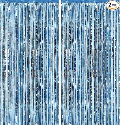 2 Pack 3.28 ft x 6.56 ft Light Blue Tinsel Curtain Party Backdrop - Metallic Foil Fringe Backdrop Door for Halloween, Christmas, Birthday Graduation Wedding Party Streamers Photo Backdrop.