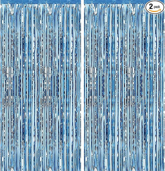 2 Pack 3.28 ft x 6.56 ft Light Blue Tinsel Curtain Party Backdrop - Metallic Foil Fringe Backdrop Door for Halloween, Christmas, Birthday Graduation Wedding Party Streamers Photo Backdrop.