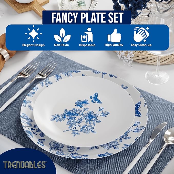 Trendables Plastic Plates For Party Supplies, Floral Disposable Plates For Party & Weddings 200 Pcs - 100 x 8 Dessert Plates & 100 x 10 Plastic Dinner Plates, Plate Set Disposable Dinnerware Sets