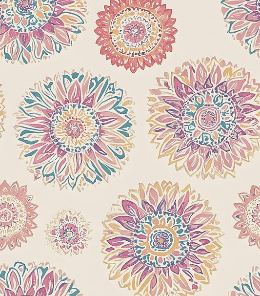 Boho Wallpaper Peel and Stick, Vintage Circle Floral Contact Paper, Abstact Beige/Blue/Pink Retro Flower Wall Paper Self Adhesive Removable Waterproof for Walls Shelves Cabinet Table 17.5" x 118"