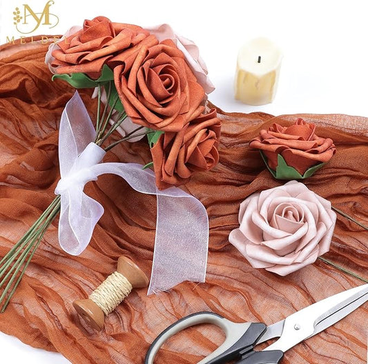 Meldel Artificial Flowers 25pcs Real Looking Burnt Orange Warm Taupe Foam Fake Roses with Stems for DIY Wedding Bouquets Bridal Shower Centerpieces Floral Arrangements Home Decorations Bulk Crafts