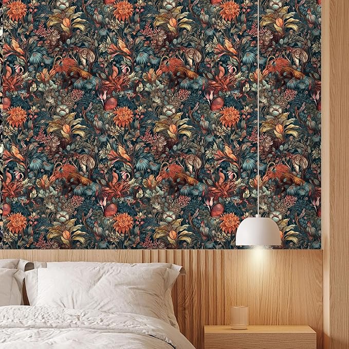Vintage Floral Peel and Stick Wallpaper Mysterious Animal Forest Self Adhesive Removable Easy Peel Off Stick on Wall Paper for Bedroom Cabinet Renter Friendly 17.71"*118.1"