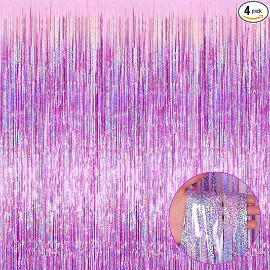 4 Pack Pink Tinsel Foil Fringe Curtain Backdrop, 3.28Ft x 8.2Ft Metallic Streamers for Photo Booth Props Wedding Bridal Shower Bachelorette Birthday Halloween Christmas Party Decoration