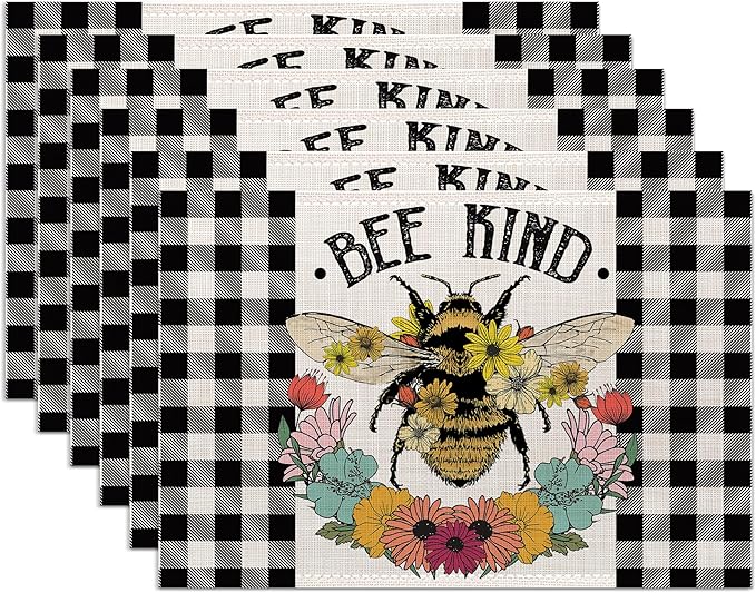Summer Bee Placemats Set of 6,Washable Heat Resistant 12×18 Inch Linen Table Mats Sunflower Place Mats for Party Outdoor Dining Decor