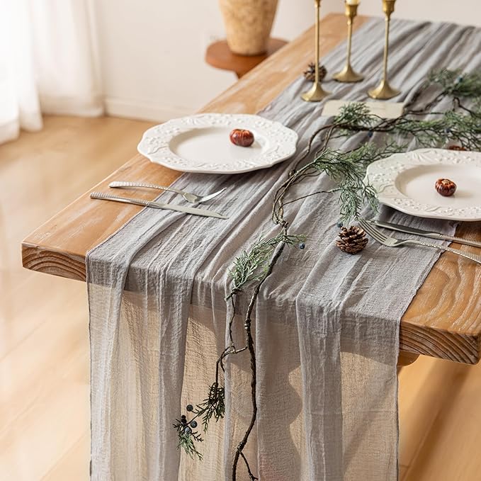 6pcs Grey Gauze Rustic Cheesecloth Table Runner 120 Inch 10 FT for Wedding Baby Shower Bridal Shower Birthday Engagement Garden Outdoor Party Long Sheer Boho Decorations