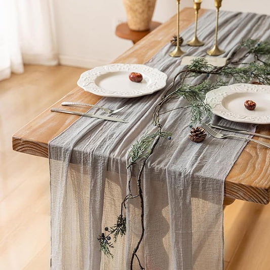 6pcs Grey Gauze Rustic Cheesecloth Table Runner 120 Inch 10 FT for Wedding Baby Shower Bridal Shower Birthday Engagement Garden Outdoor Party Long Sheer Boho Decorations