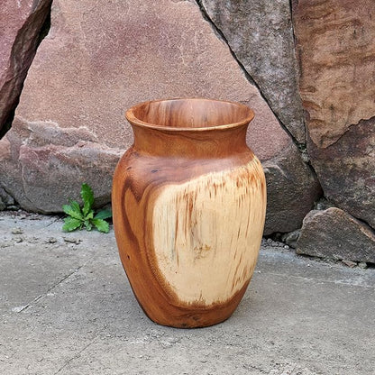 Acacia Wood Vase 7.5" x 7.5" x 11.8" H Handcrafted Natural Brown Wooden Vase Rustic Flower Holder for Entry Table Vintage Artworks Planter for Living Room Home Christmas Décor