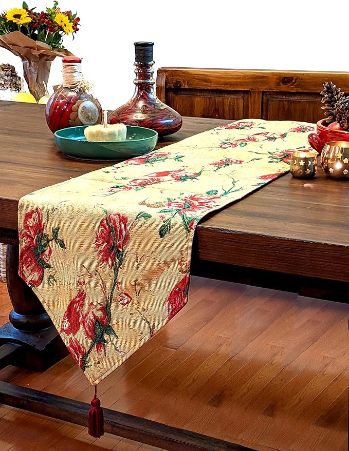 Tache Floral Red Roses Birds Golden Woven Table Runner - Vintage Tapestry Botanical Kitchen Dining Dinner Linens Cloth - 13 x 54 inches
