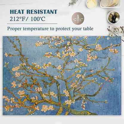 Blossoming Almond Tree Placemats Set of 4, Retro White Flower Place Mats Heat Resistant Washable Non-Slip Table Mats for Party Kitchen Dining Decor 12x18 Inch