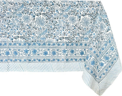 ATOSII Butterfly Blue 100% Cotton Rectangle Summer Tablecloth, Handblock Floral Print Linen Table Cloth for Kitchen Dining I Parties, Weddings, Outdoors, Decor 60 X 108 Inches, 8 Seater