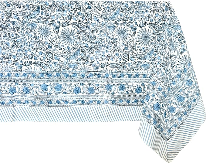 ATOSII Butterfly Blue 100% Cotton Square Summer Tablecloth, Handblock Floral Print Linen Table Cloth for Kitchen Dining I Parties, Weddings, Outdoors, 60 X 60 Inches I 4 Seater