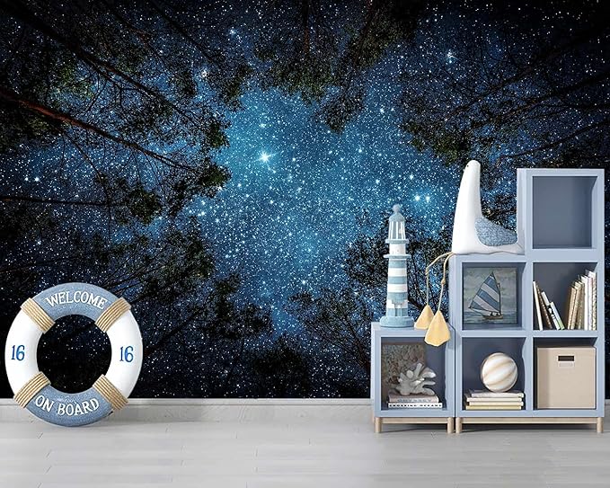 WFBHUA-Forest Night Sky Ceiling Wallpaper Mural Peel and Stick Living Room Bedroom 82"x57"
