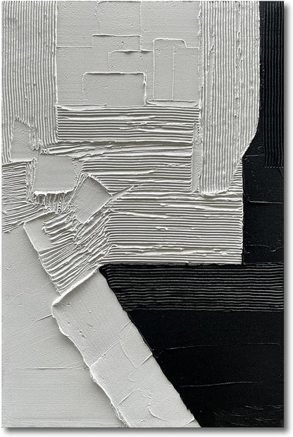 Hand-Painted 45x30 inch White and Black Abstract Wall Decoration Oil Painting Thick Texture Minimalist Art