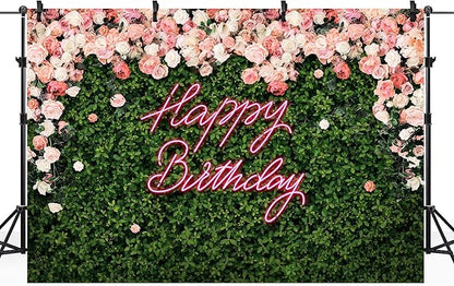 Riyidecor Happy Birthday Backdrop Backdrop Polyester Fabric Pink Rose Neon Flower Wall Green Leaves 5Wx3H Feet for Women Floral Blossom Photography Background Birthday Baby Shower Photo Studio Shoot