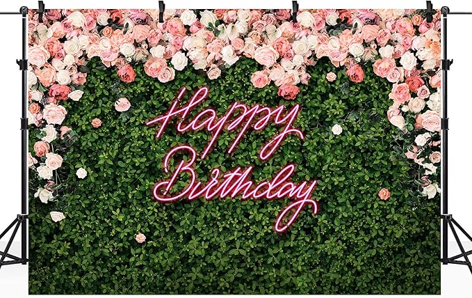 Riyidecor Happy Birthday Backdrop for Women，Girls Flower Wall Pink Rose，Green Leaves Floral Blossom Botanical Plant Nature 7Wx5H Feet Photography Background 30 Birthday Photo Studio Shoot Fabric