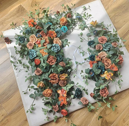 Wedding Arch Flowers with Drapes Kit (Pack of 5) - 2pcs Artificial Teal Orange Fall Deluxe Swag with 3pcs Sheer Drapes for Wedding Ceremony Arbor Reception Backdrop Rose Floral Decoration